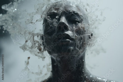  a close up of a person's face with water splashing out of the top of his head and the bottom of his head.