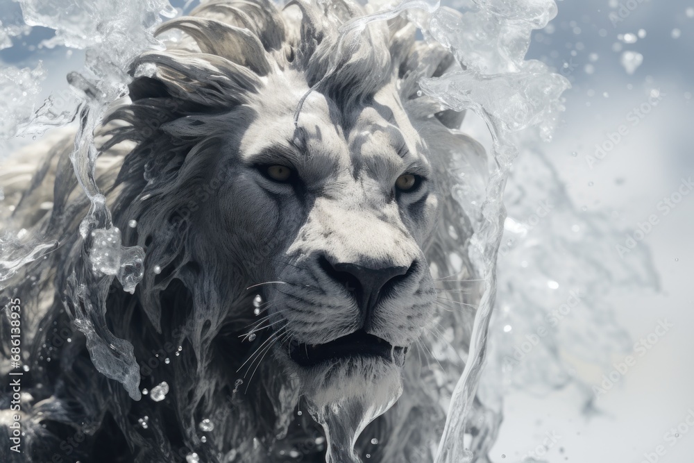  a close up of a lion's face with water splashing on it's face and a blue sky in the background.