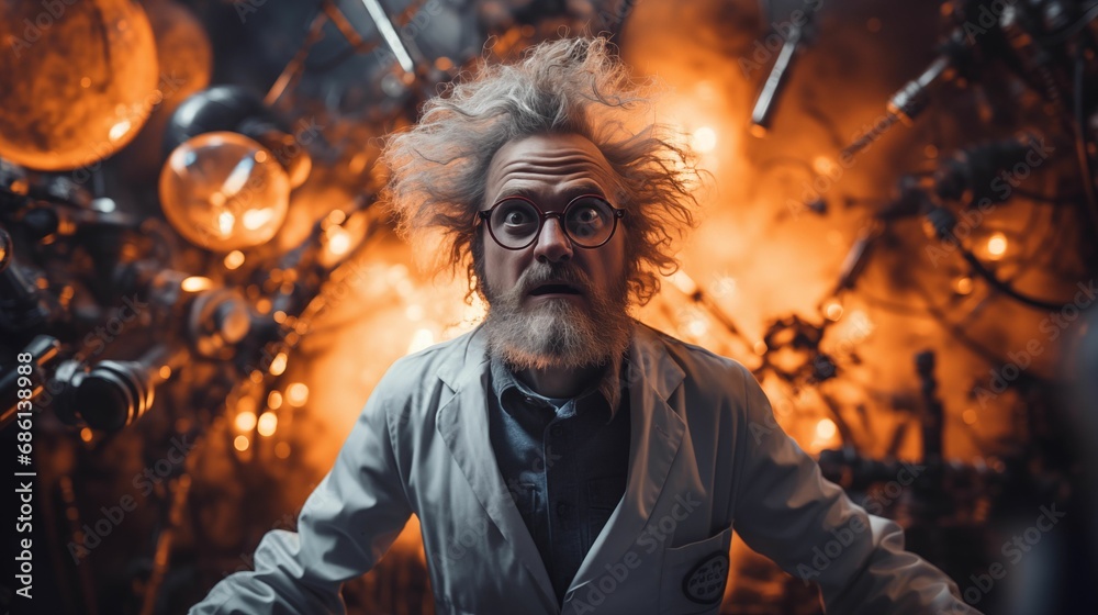 Image of a mad scientist with disheveled hair. Image of a mad scientist with disheveled hair.