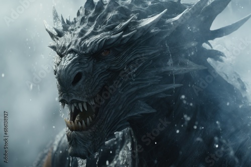  a close up of a dragon with its mouth open and it's teeth wide open, in the snow. © Shanti