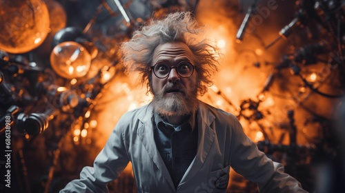 Image of a mad scientist with disheveled hair. photo