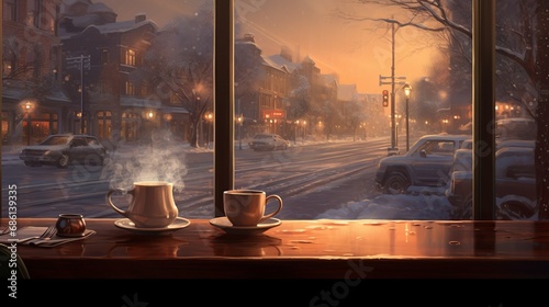 Cozy snowy weather outside, view from a warm diner with a steaming coffee  photo
