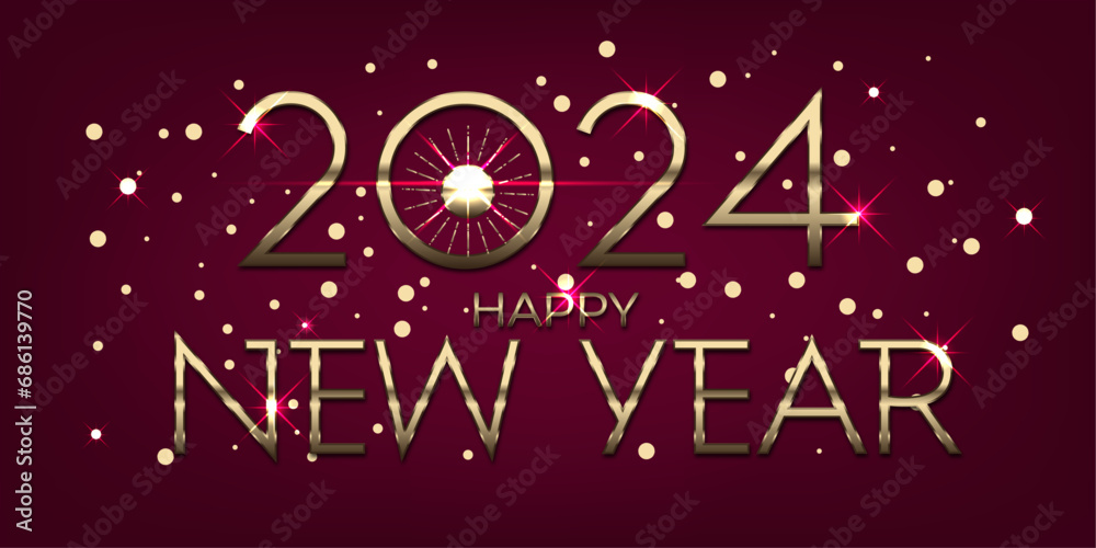 2024 Happy New Year Letters Gold Vector Banner.