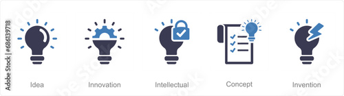 A set of 5 Intellectual Property icons as idea, innovation, intellectual