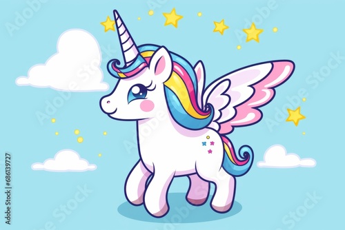 Simple and rounded lines cartoon illustration. Cute unicorn is flying on blue background © Denis
