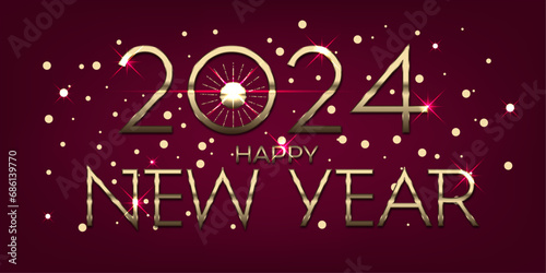 2024 Happy New Year Letters Gold Vector Banner.