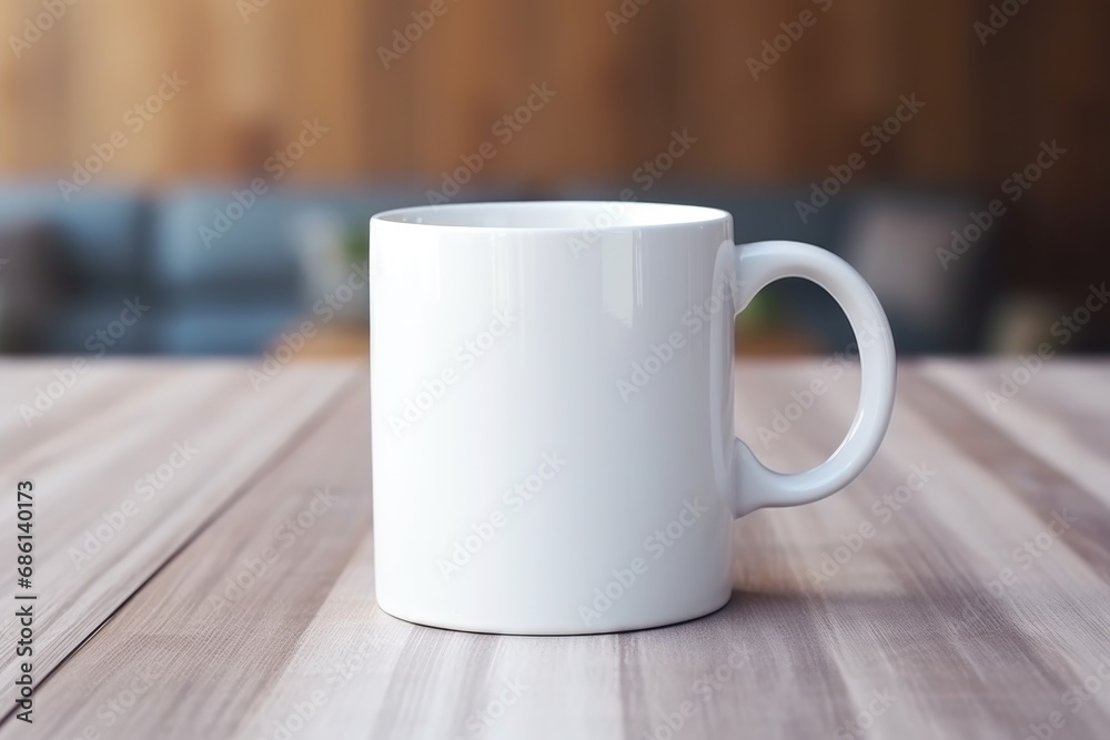 Empty blank mock up of white ceramic coffee mug on wooden table Empty blank mock up of white ceramic coffee mug on wooden table
