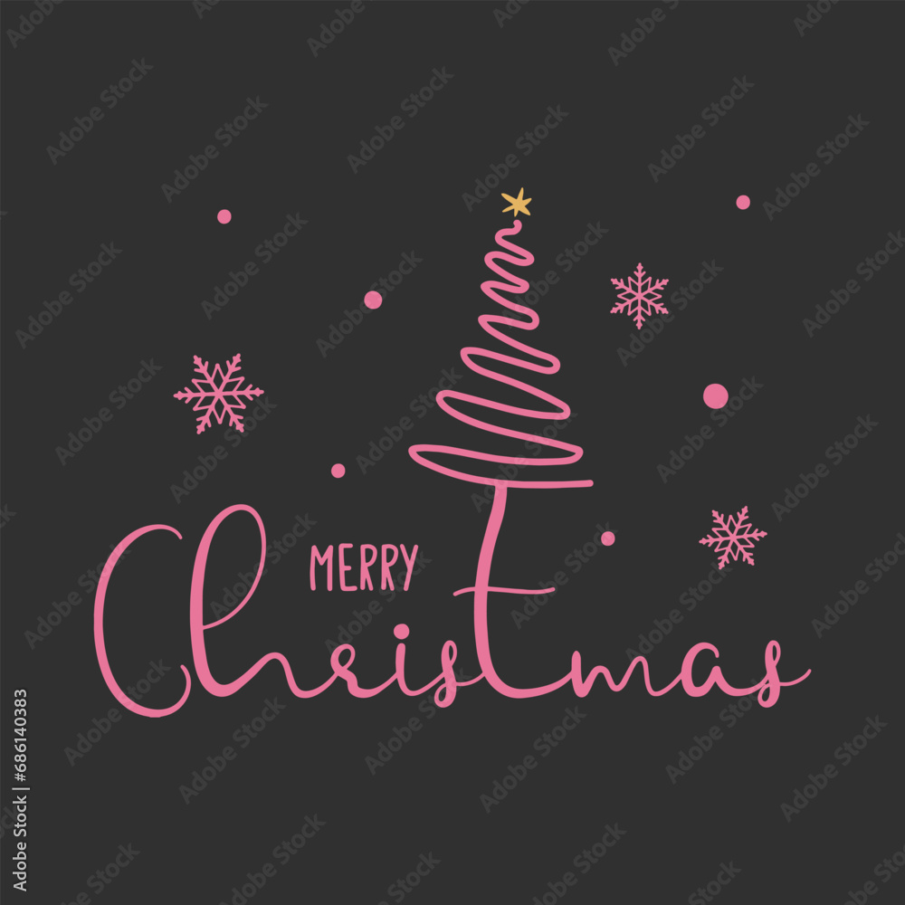 Pink christmas tree card with doodle hand draw style. Merry Christmas.