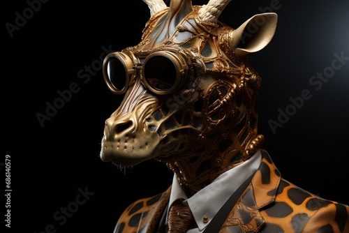  a close up of a giraffe wearing a suit and tie with goggles on it s head.