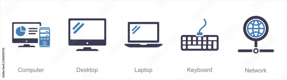 A set of 5 Internet Computer icons as computer, desktop, laptop A set of 5 Internet Computer icons as computer, desktop, laptop