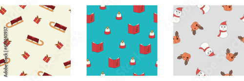 A Christmas sleigh, gift box, candle, songbook, snowman, and reindeer seamless pattern in a hand-drawn minimal xmas concept, Vector