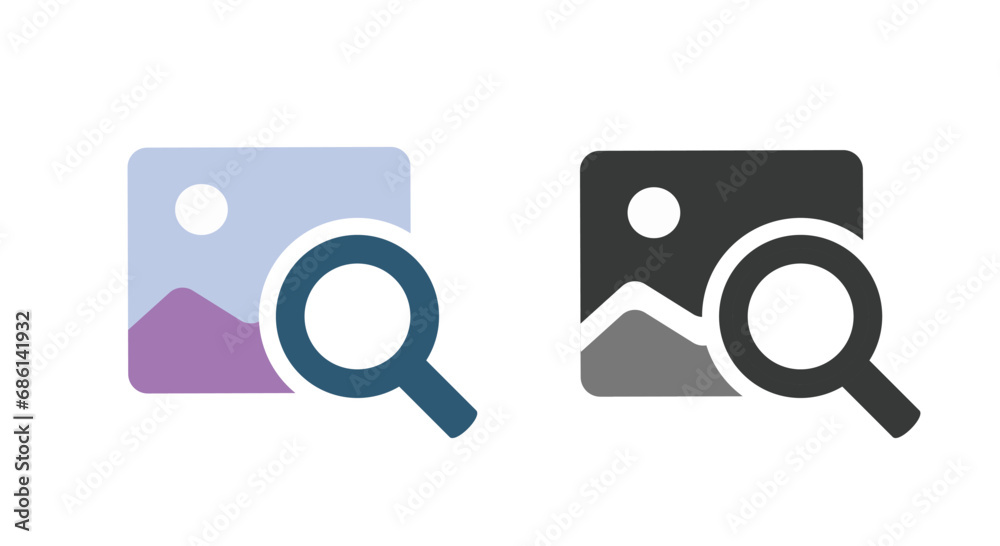 Image photo pic enlarge magnify icon vector simple, visual thumbnail zoom search symbol pictogram, picture digital analyze magnifier glass, increase augment review exam graphic file, check find art - obrazy, fototapety, plakaty 