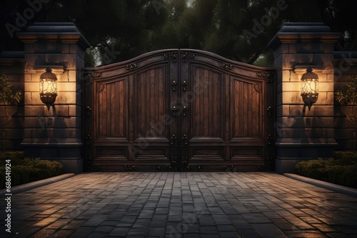 wooden gate of luxury villa, exterior design, home design photo