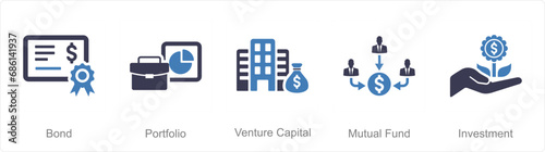 A set of 5 Investment icons as bond, portfolio, venture capital