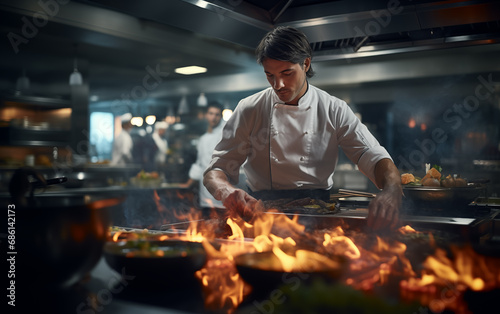 Chef Flambeing Food in Busy Restaurant Kitchen