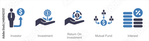 A set of 5 Investment icons as investor, investment, return on investment