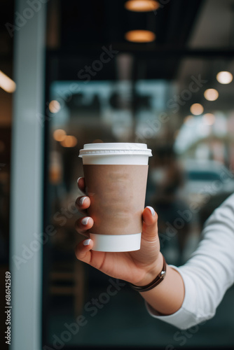 hand holding a take-out iced coffee at cafe background.