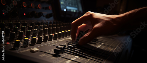 Sound engineer used digital audio mixer Sliders Engineer presses key Control panel Recording studio technician  dj mixing music