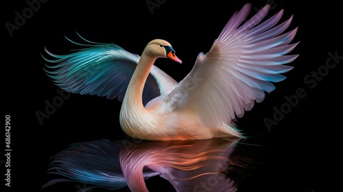 Image of a holographic swan on a dark background.