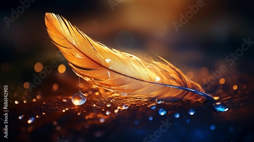 Image of a gilded feather adorned with tiny dewdrops. photo