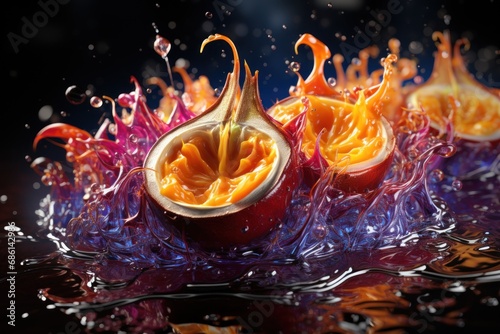  a close up of a fruit on a table with water splashing on the fruit and the inside of the fruit.