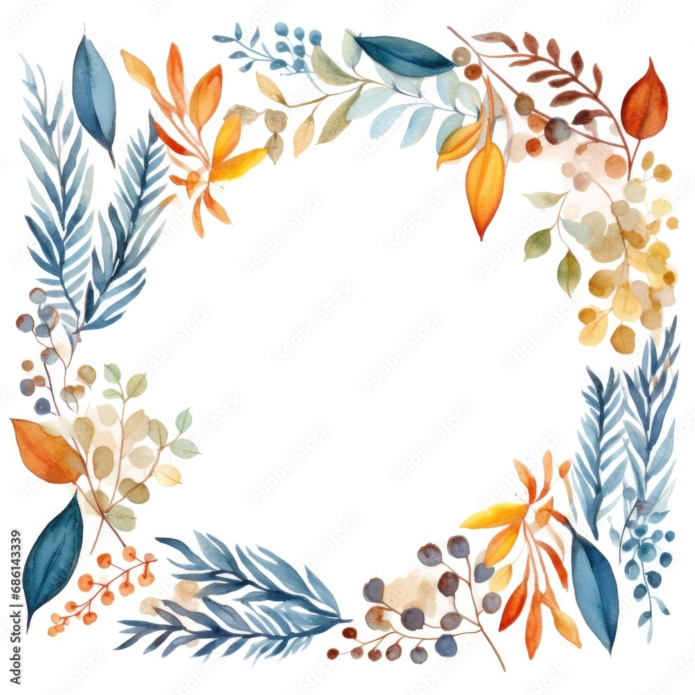 Naklejka premium frame of watercolor colorful leaves on white background.