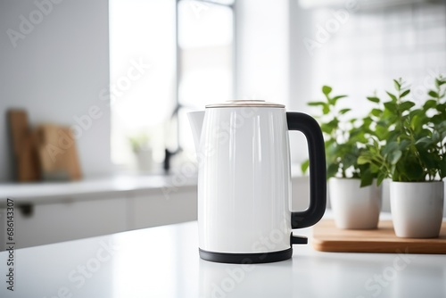  a white and black coffee mug sitting on top of a counter next to a potted plant and a cutting board.
