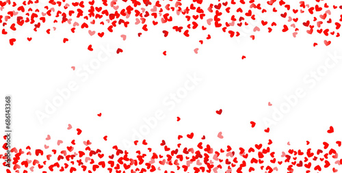 Pattern of random falling hearts confetti. Border design element for festive banner, greeting card, wedding invitation, Valentines day. Vector illustration.