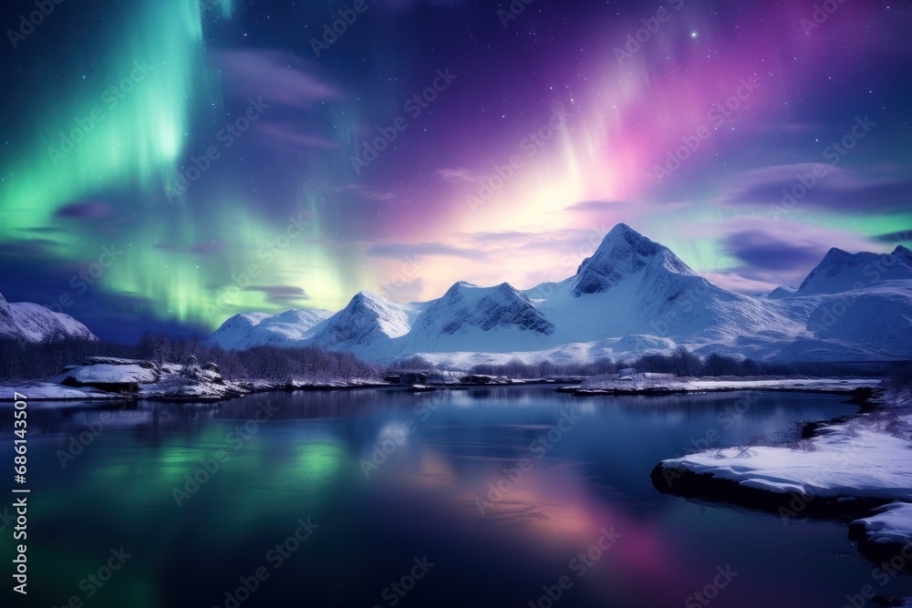  a night scene of a mountain range with a lake in the foreground and an aurora bore in the background.