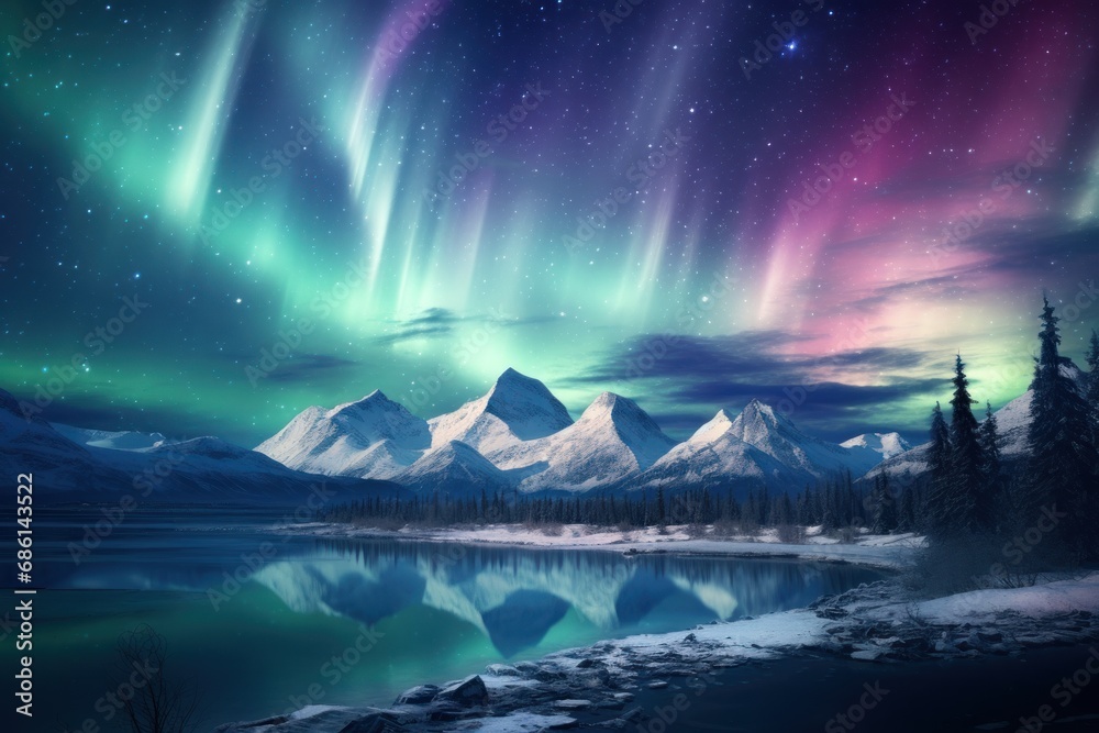  an aurora bore over a mountain range with a lake in the foreground and snow covered mountains in the background.