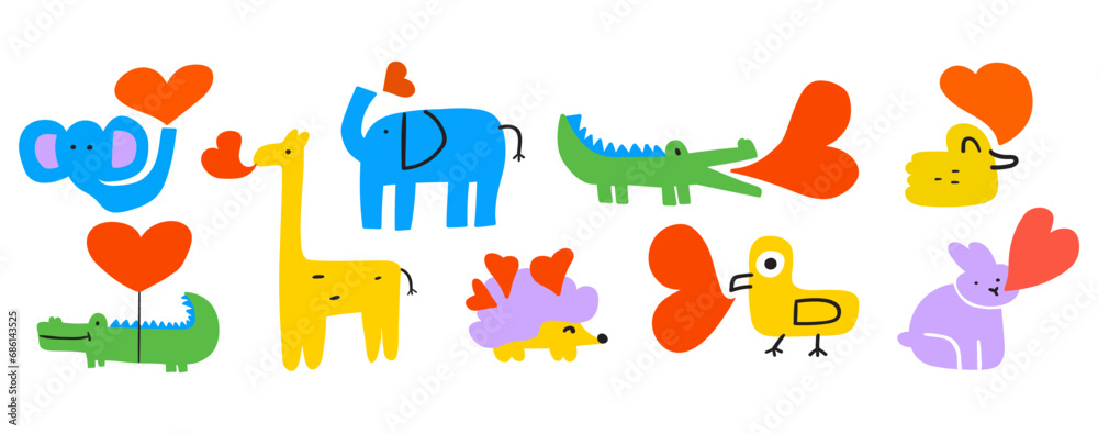 Collection of cute animals with hearts. Elephant, crocodile, giraffe. Romantic concept. Elements for St. Valentine's day. Best for 14 February. Hand drawn vector illustration on white background.