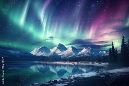  an aurora bore over a mountain range with a lake in the foreground and snow covered mountains in the background. © Shanti