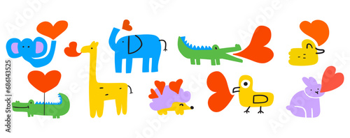 Fototapeta Naklejka Na Ścianę i Meble -  Collection of cute animals with hearts. Elephant, crocodile, giraffe. Romantic concept. Elements for St. Valentine's day. Best for 14 February. Hand drawn vector illustration on white background.