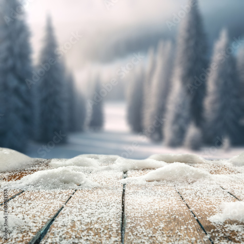 Wooden desk of free space and winter landscape.  © magdal3na