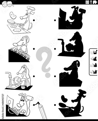 shadow activity with comic dog characters coloring page