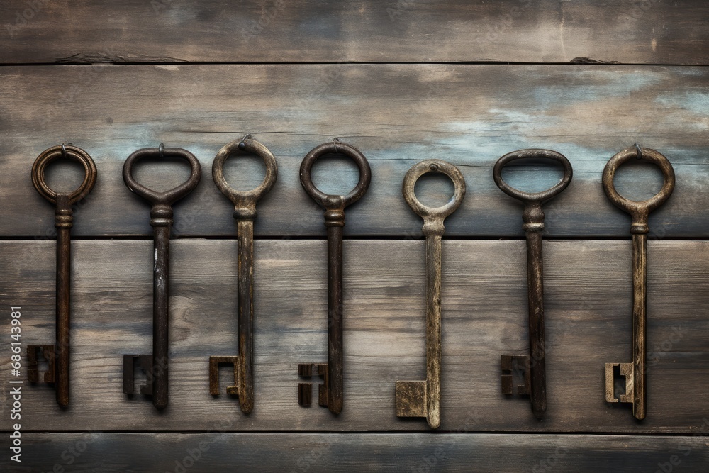 Antique and rusty keys on weathered wooden planks Antique and rusty keys on weathered wooden planks