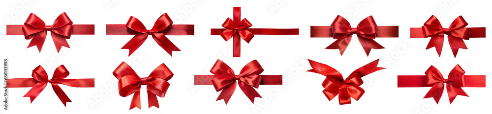 Collection of red gift ribbon with bow for Christmas, birthday, Valentine's Day, isolated on transparent background. - obrazy, fototapety, plakaty 
