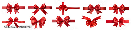 Collection of red gift ribbon with bow for Christmas, birthday, Valentine's Day, isolated on transparent background.