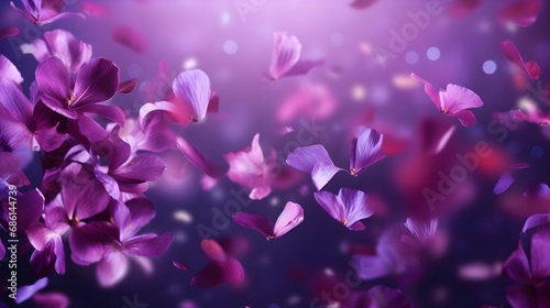 Abstract purple and pink lilac flower petals flying in the air. Summer minimal floral background. photo