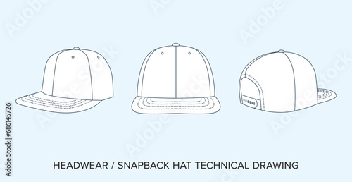 Editable Vector Illustration of a Blank Snapback Cap Technical Blueprint, Tailored for Fashion Designers. Detailed Black and White Hat Accessory Schematics on Isolated Background