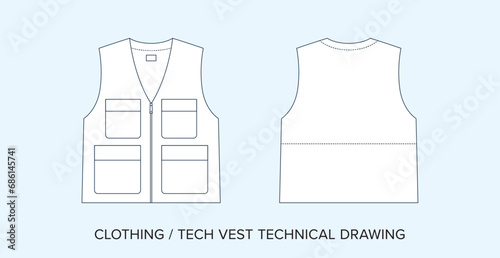 Editable Vector Illustration of a Blank Utility Vest Technical Blueprint, Tailored for Fashion Designers. Detailed Black and White Utility Clothing Schematics on Isolated Background photo