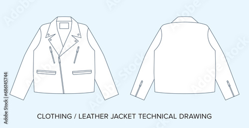 Leather Jacket Drawing, Apparel Blueprint for Fashion Designers. Detailed Editable Vector Illustration, Black and White Biker Jacket Clothing Schematics, Isolated Background. 
