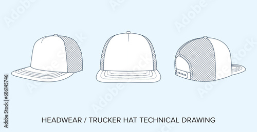 Blank Trucker Cap Technical Drawing, Headwear Blueprint for Fashion Designers. Detailed Editable Vector Illustration, Black and White Hat Accessory Schematics, Isolated Background