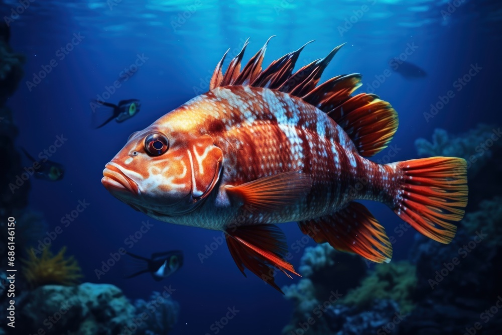  a red and white fish in a blue sea with a lot of other fish in the water behind it on a sunny day.