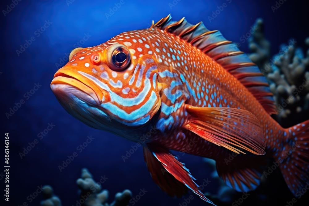a close up of a fish on a blue background with corals in the foreground and water in the background. a close up of a fish on a blue background with corals in the foreground and water in the background.