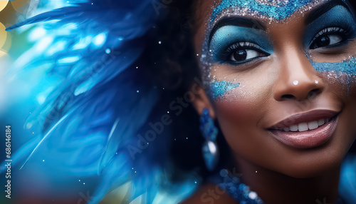 Portrait of a Brazilian woman with feathers on her head  concept carnival