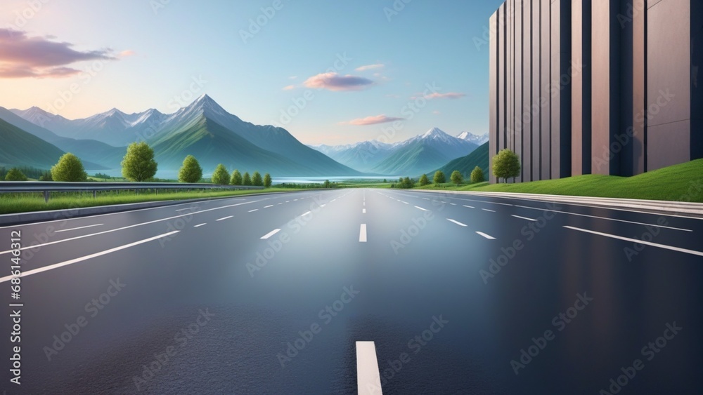 Fototapeta premium Asphalt road and river with mountain scenery