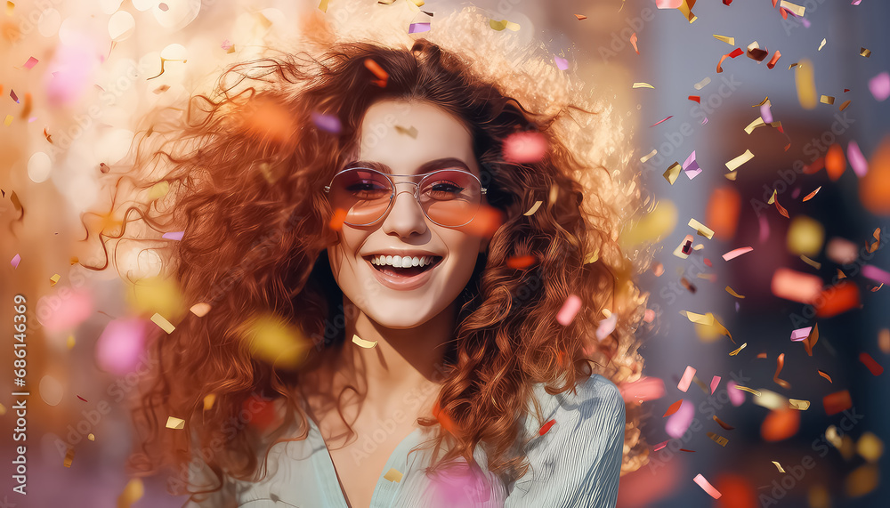 Woman in sunglasses and curly hair on confetti background ,concept carnival