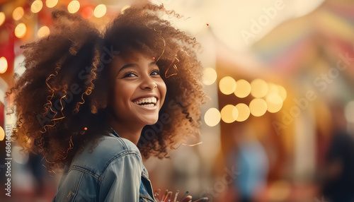 Dark-skinned happy woman smiling wide in amusement park ,concept carnival photo