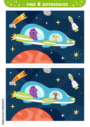 Spaceship with aliens in space. Find 8 differences. Space game. Flat, cartoon, vector